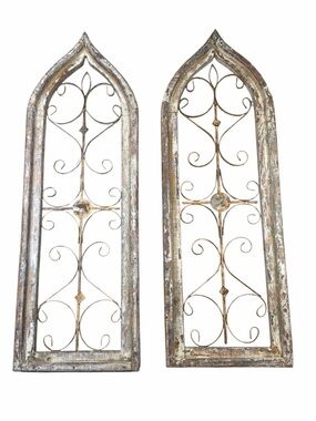 Set of 2 Vintage Whitewashed Wooden Gothic Style Cathedral Arch Window Frames